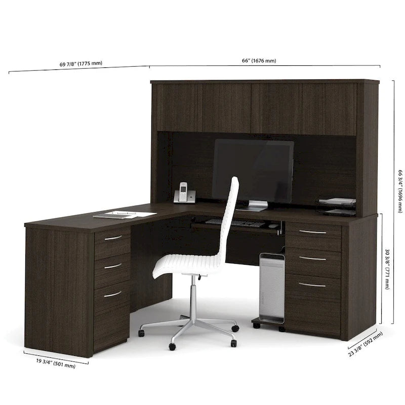 Bureau de travail en L avec 6 tiroirs, huche et crédence en mélaminé coloris brun Toscane / cerisier Cappuccino / chocolat noir / gris noyer, 1 place