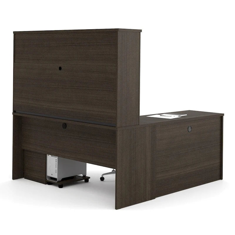 Bureau de travail en L avec 6 tiroirs, huche et crédence en mélaminé coloris brun Toscane / cerisier Cappuccino / chocolat noir / gris noyer, 1 place