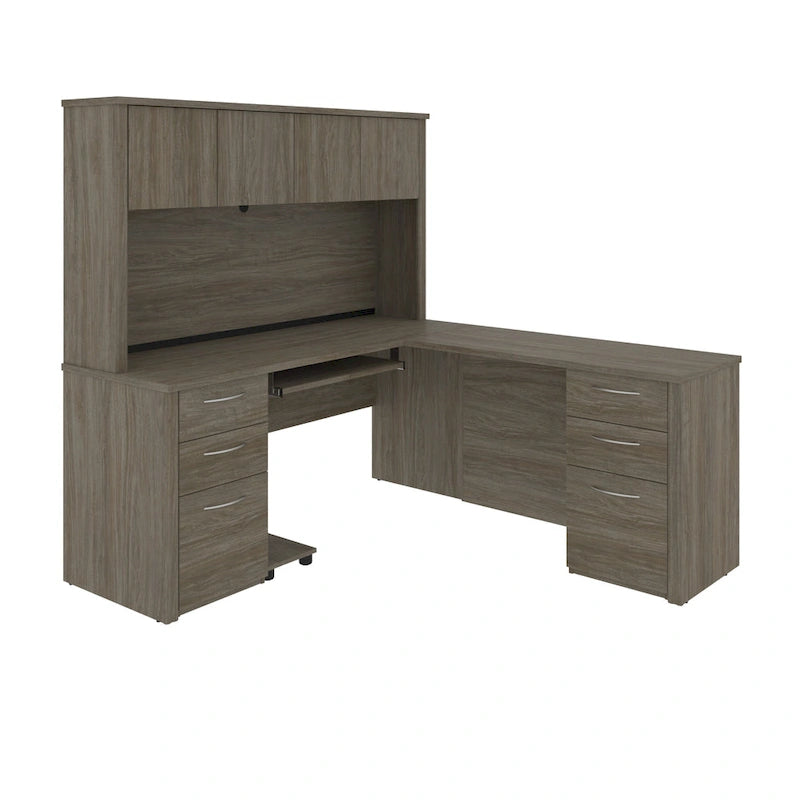 Bureau de travail en L avec 6 tiroirs, huche et crédence en mélaminé coloris brun Toscane / cerisier Cappuccino / chocolat noir / gris noyer, 1 place