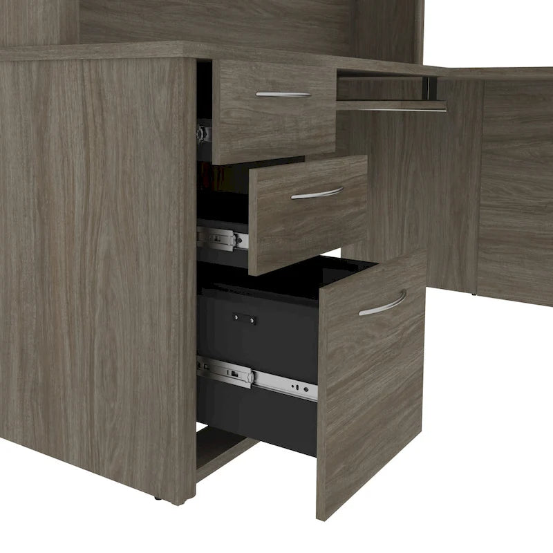 Bureau de travail en L avec 6 tiroirs, huche et crédence en mélaminé coloris brun Toscane / cerisier Cappuccino / chocolat noir / gris noyer, 1 place