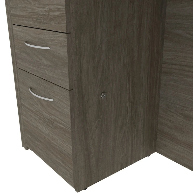 Bureau de travail en L avec 6 tiroirs, huche et crédence en mélaminé coloris brun Toscane / cerisier Cappuccino / chocolat noir / gris noyer, 1 place