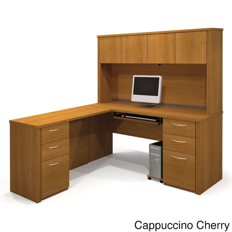 Bureau de travail en L avec 6 tiroirs, huche et crédence en mélaminé coloris brun Toscane / cerisier Cappuccino / chocolat noir / gris noyer, 1 place