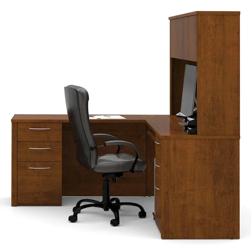 Bureau de travail en L avec 6 tiroirs, huche et crédence en mélaminé coloris brun Toscane / cerisier Cappuccino / chocolat noir / gris noyer, 1 place