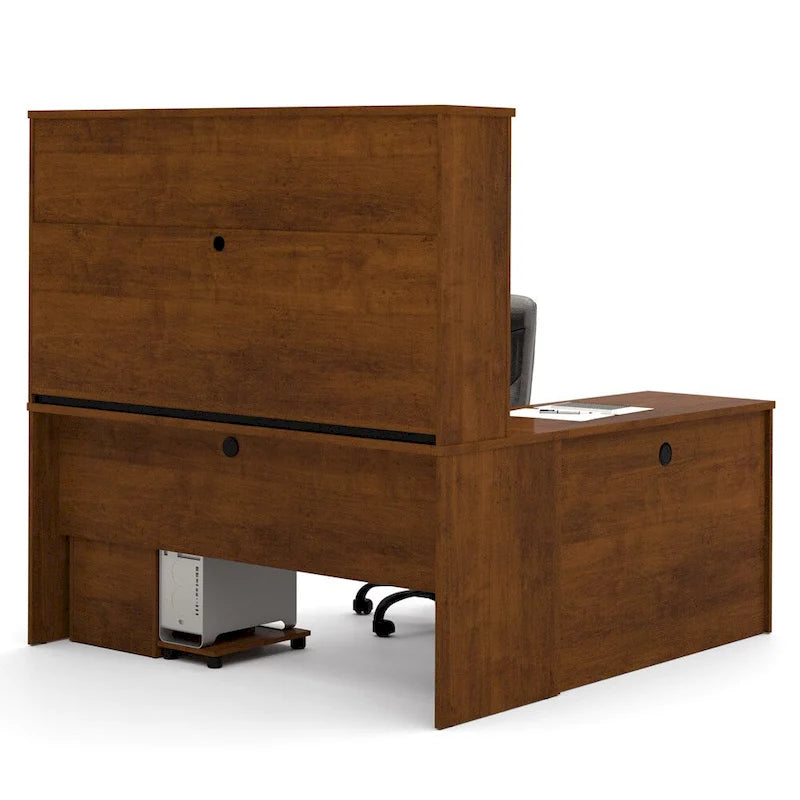 Bureau de travail en L avec 6 tiroirs, huche et crédence en mélaminé coloris brun Toscane / cerisier Cappuccino / chocolat noir / gris noyer, 1 place