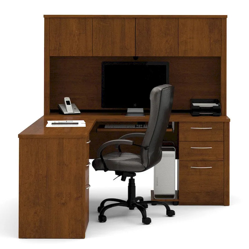 Bureau de travail en L avec 6 tiroirs, huche et crédence en mélaminé coloris brun Toscane / cerisier Cappuccino / chocolat noir / gris noyer, 1 place