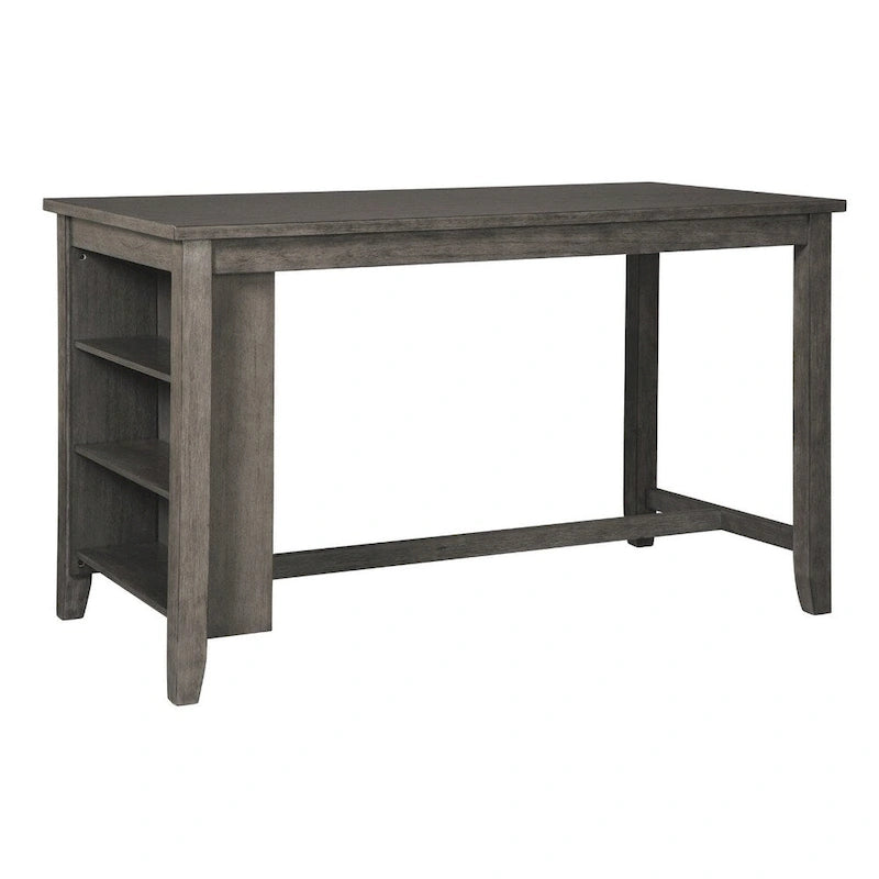 Table de salle à manger rectangulaire grise à hauteur de comptoir avec étagères latérales, finition lavis gris antique