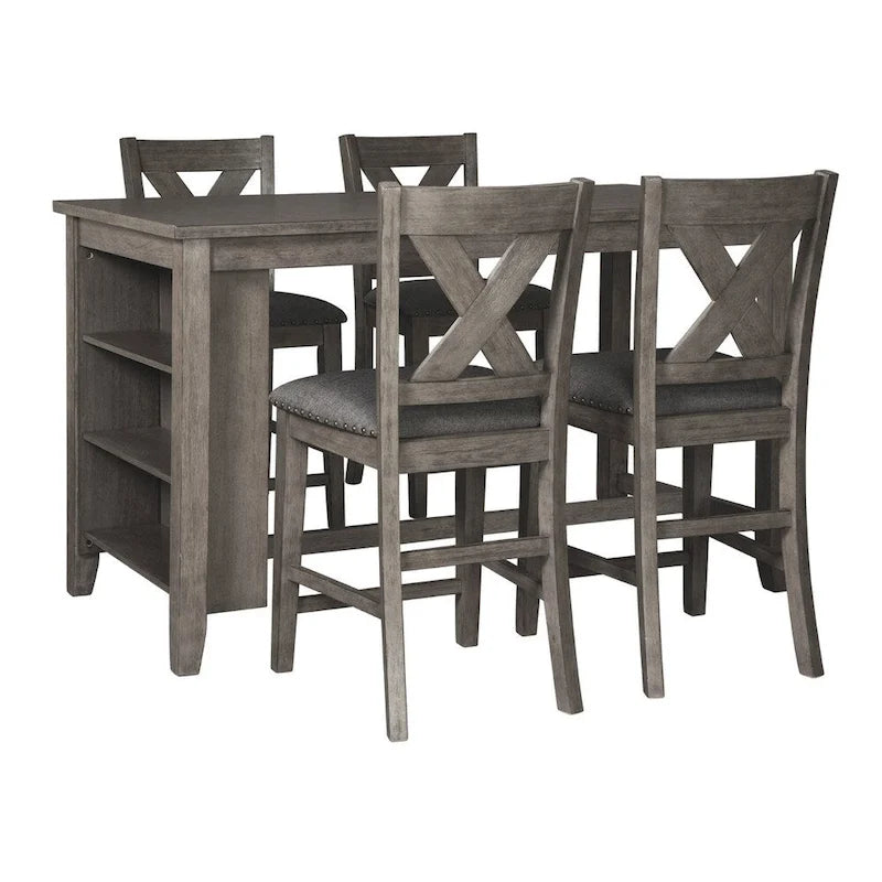 Table de salle à manger rectangulaire grise à hauteur de comptoir avec étagères latérales, finition lavis gris antique