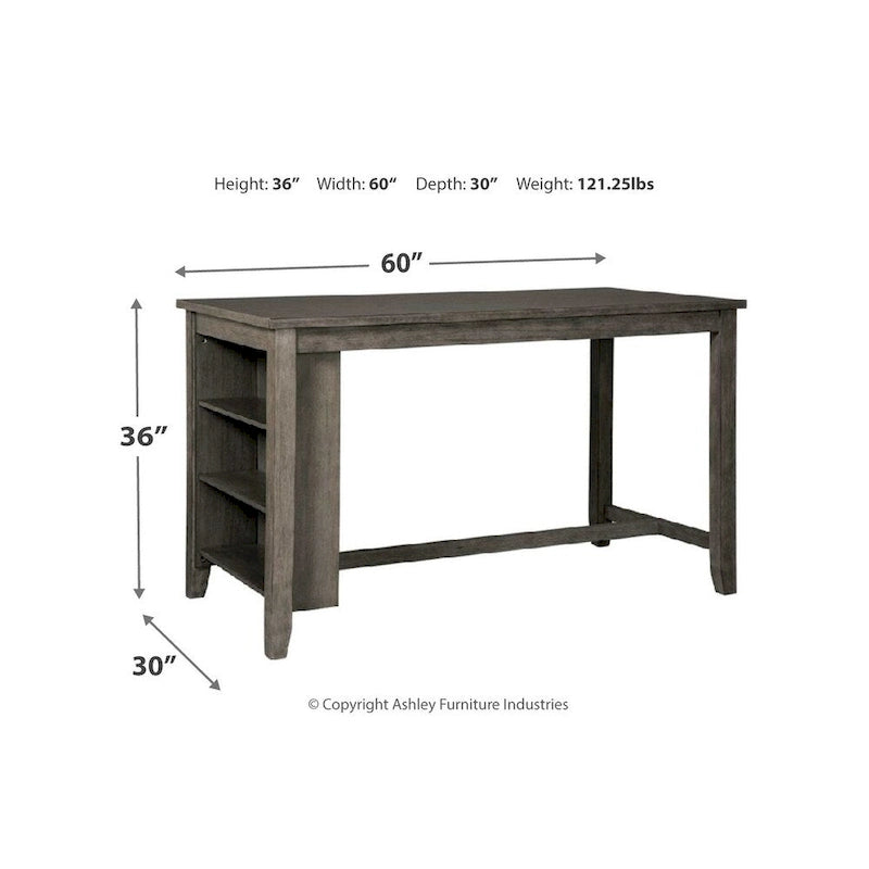 Table de salle à manger rectangulaire grise à hauteur de comptoir avec étagères latérales, finition lavis gris antique