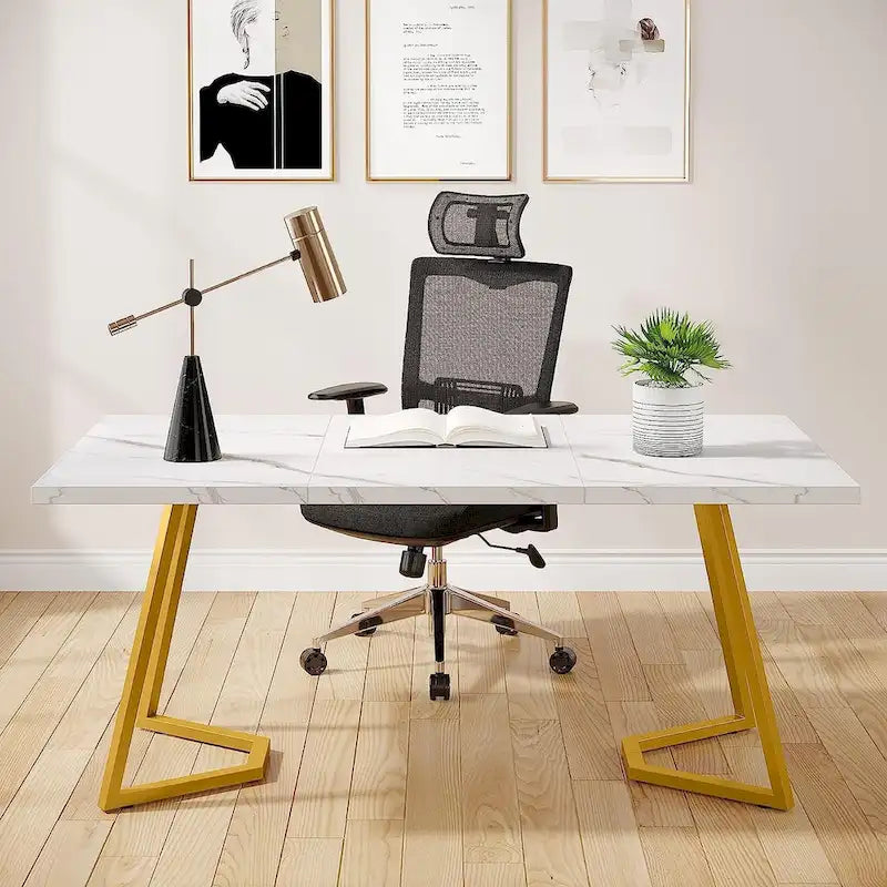 Home Office Computer Desk, White Gold 55 In Faux Marble Executive Desk