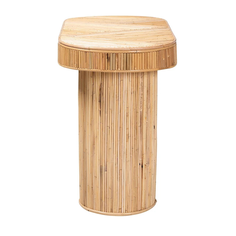 Console ovale en rotin naturel miel clair et contreplaqué avec base à deux piliers