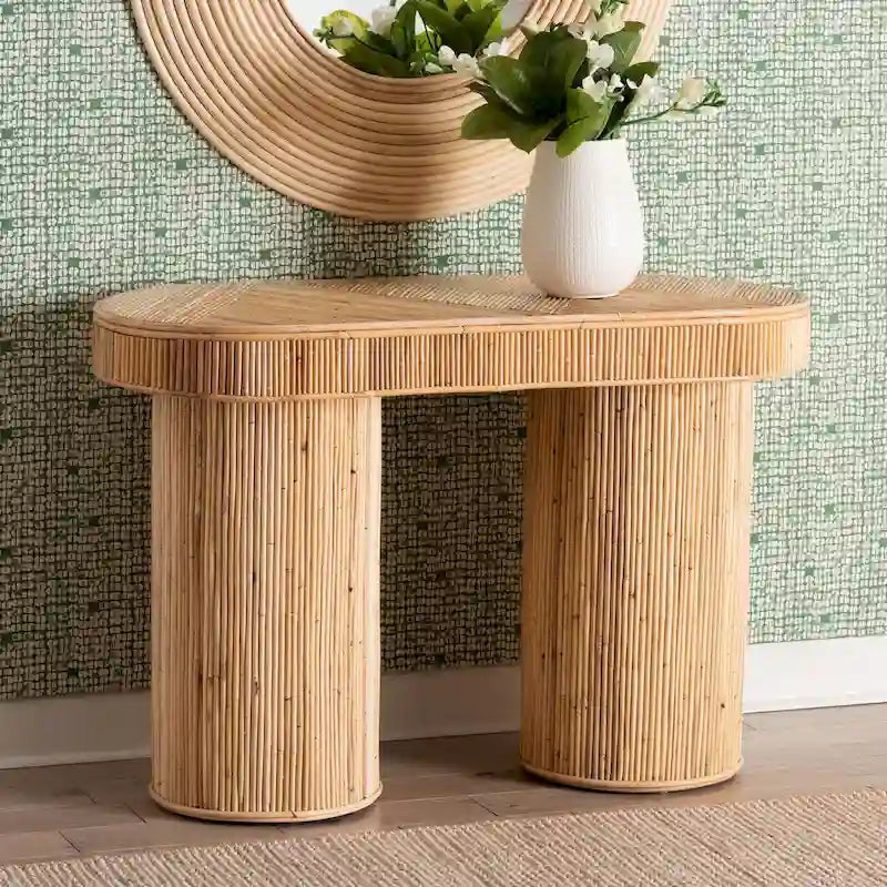 Console ovale en rotin naturel miel clair et contreplaqué avec base à deux piliers