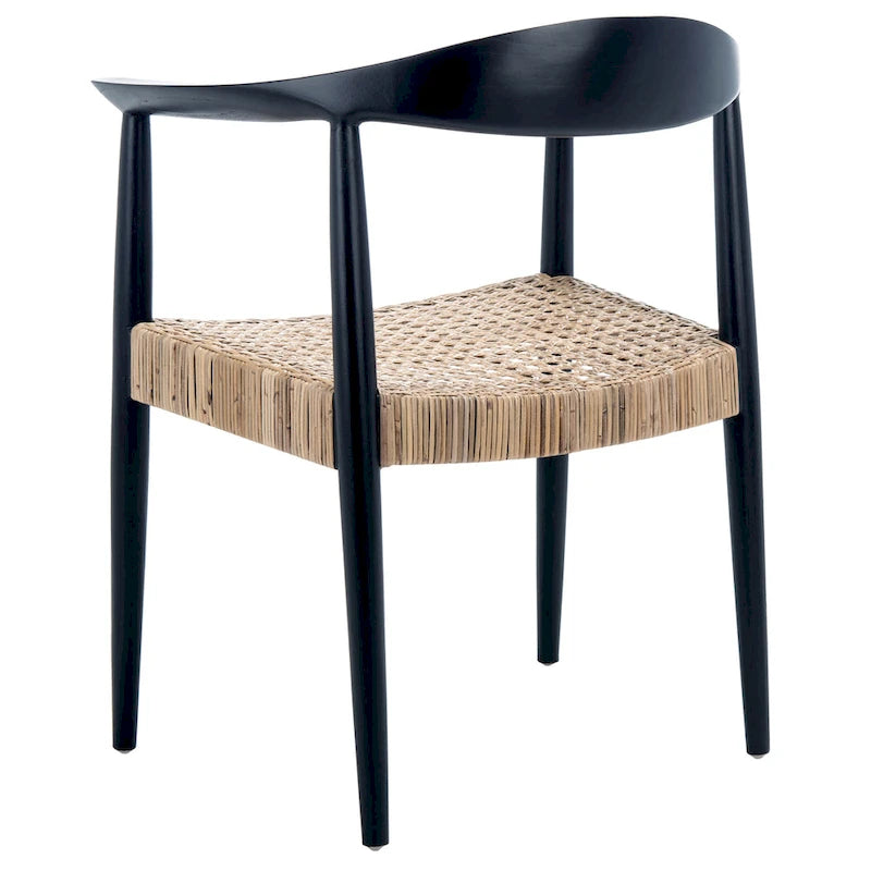 Fauteuil d'appoint noir du milieu du siècle avec assise en rotin naturel tressé, 1 place