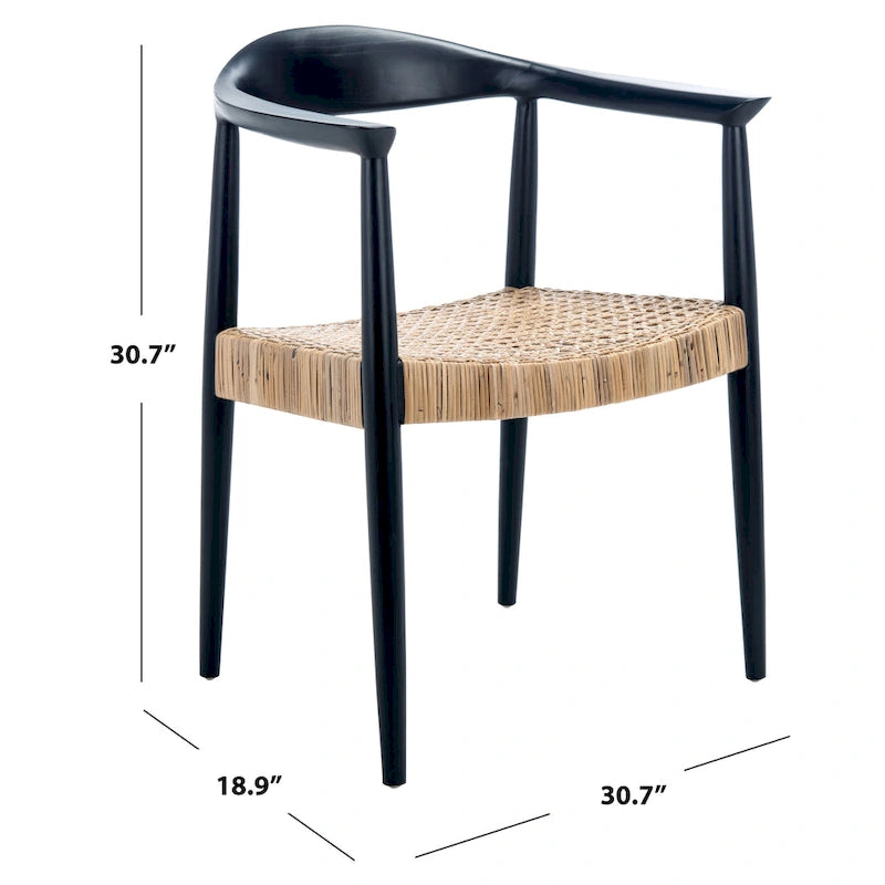 Fauteuil d'appoint noir du milieu du siècle avec assise en rotin naturel tressé, 1 place
