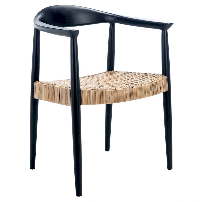 Fauteuil d'appoint noir du milieu du siècle avec assise en rotin naturel tressé, 1 place