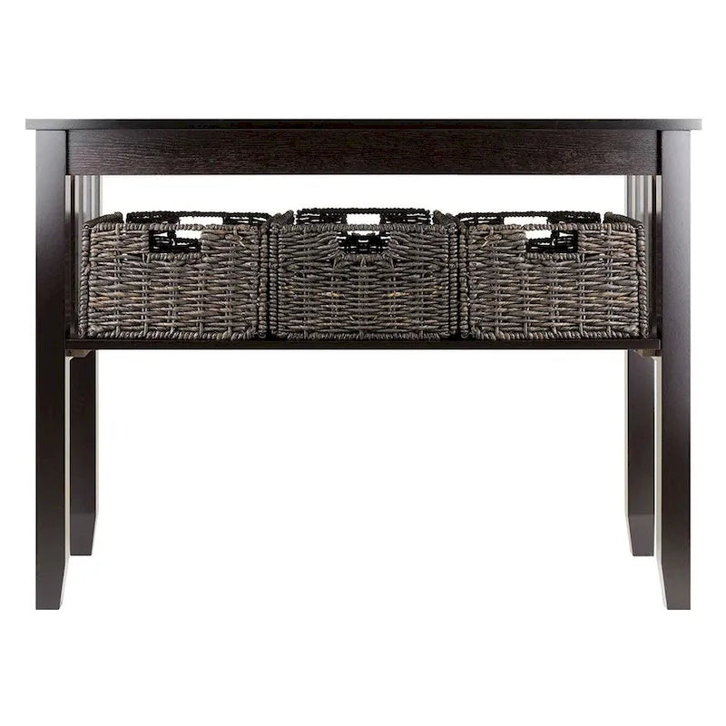 Table console à 2 niveaux Espresso avec 3 paniers de rangement en balle de maïs
