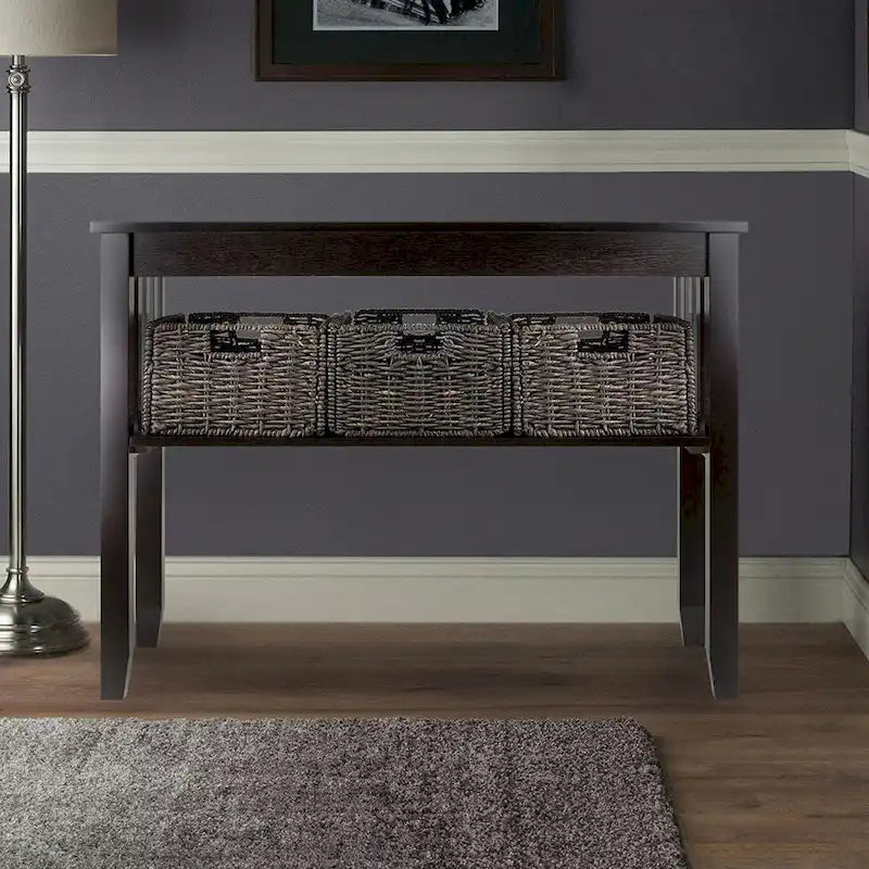 Table console à 2 niveaux Espresso avec 3 paniers de rangement en balle de maïs