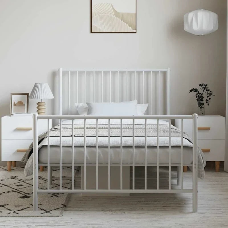 Cadre de lit double en métal, acier thermolaqué blanc avec tête de lit et rangement sous le lit, 1 place