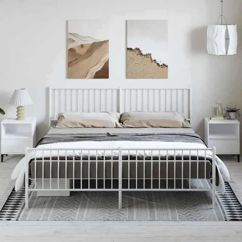 Cadre de lit double en métal, acier thermolaqué blanc avec tête de lit et rangement sous le lit, 1 place