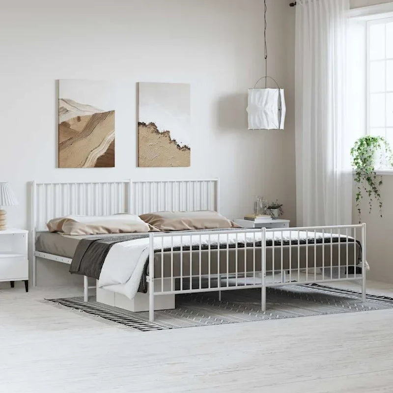 Cadre de lit double en métal, acier thermolaqué blanc avec tête de lit et rangement sous le lit, 1 place