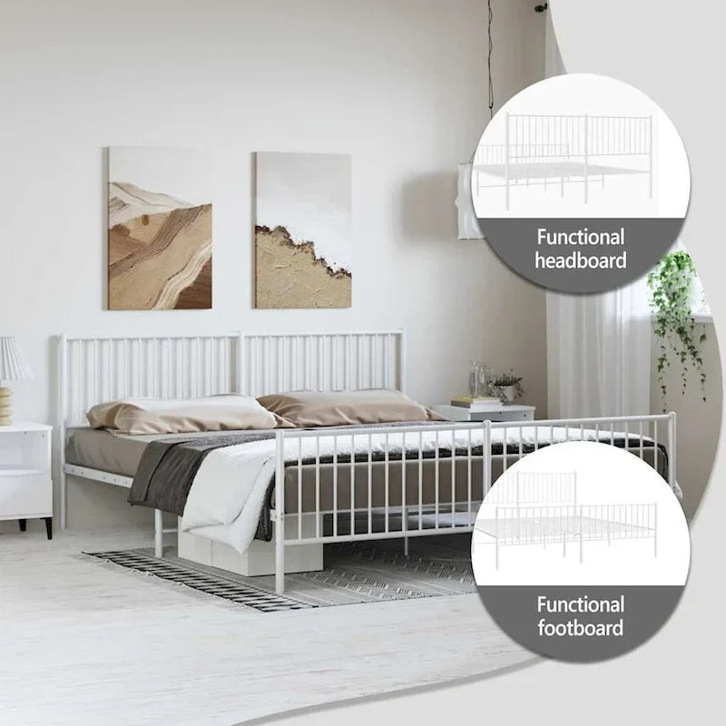 Cadre de lit double en métal, acier thermolaqué blanc avec tête de lit et rangement sous le lit, 1 place