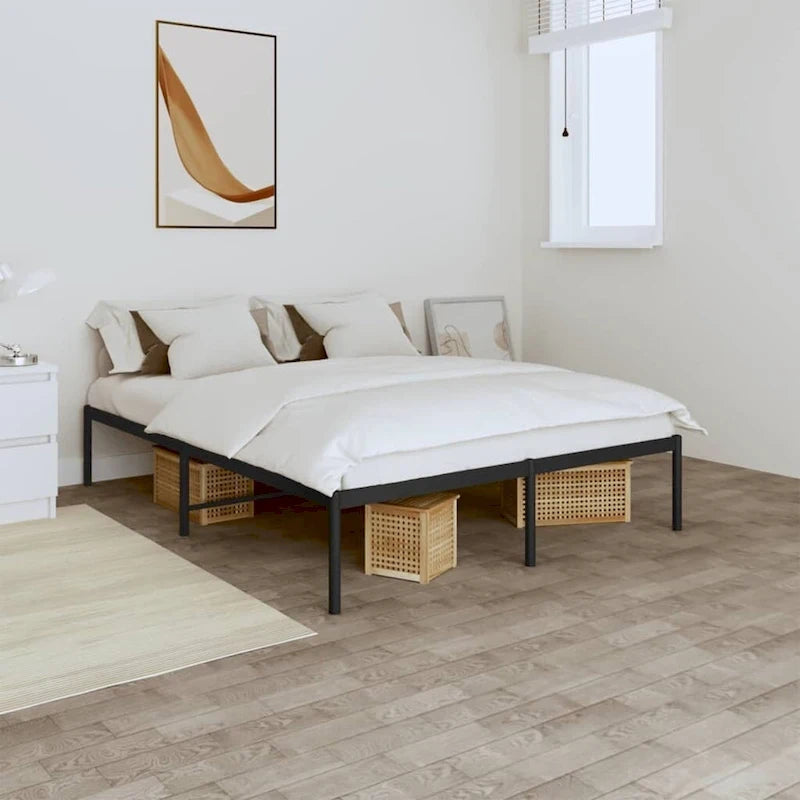 Cadre de lit double en métal, acier thermolaqué blanc avec tête de lit et rangement sous le lit, 1 place