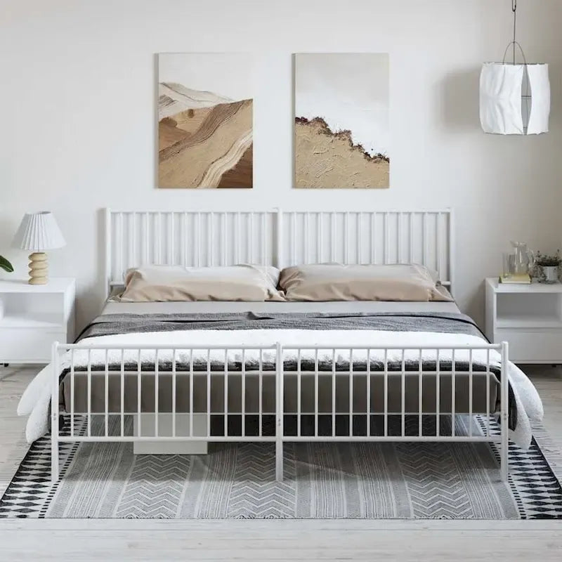 Cadre de lit double en métal, acier thermolaqué blanc avec tête de lit et rangement sous le lit, 1 place
