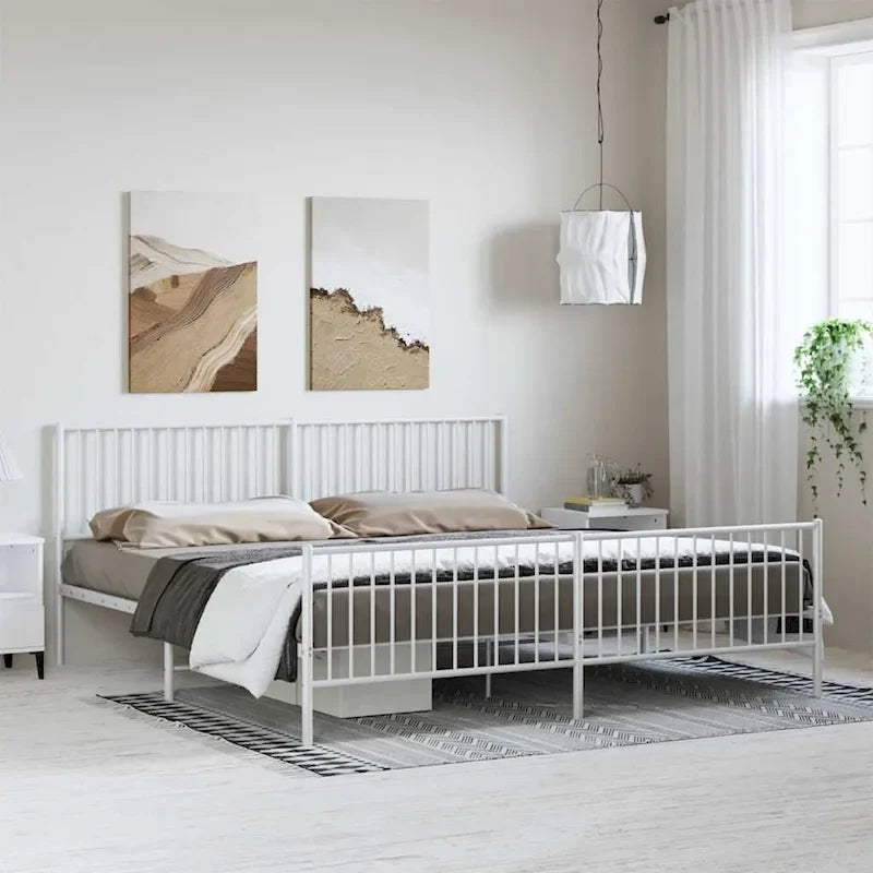 Cadre de lit double en métal, acier thermolaqué blanc avec tête de lit et rangement sous le lit, 1 place