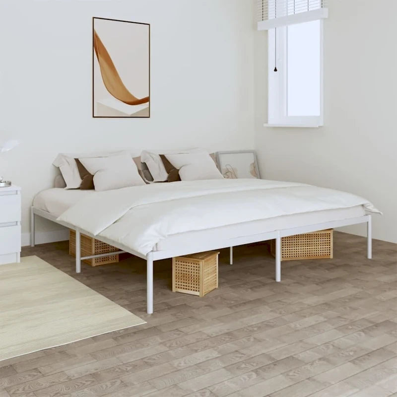 Cadre de lit double en métal, acier thermolaqué blanc avec tête de lit et rangement sous le lit, 1 place