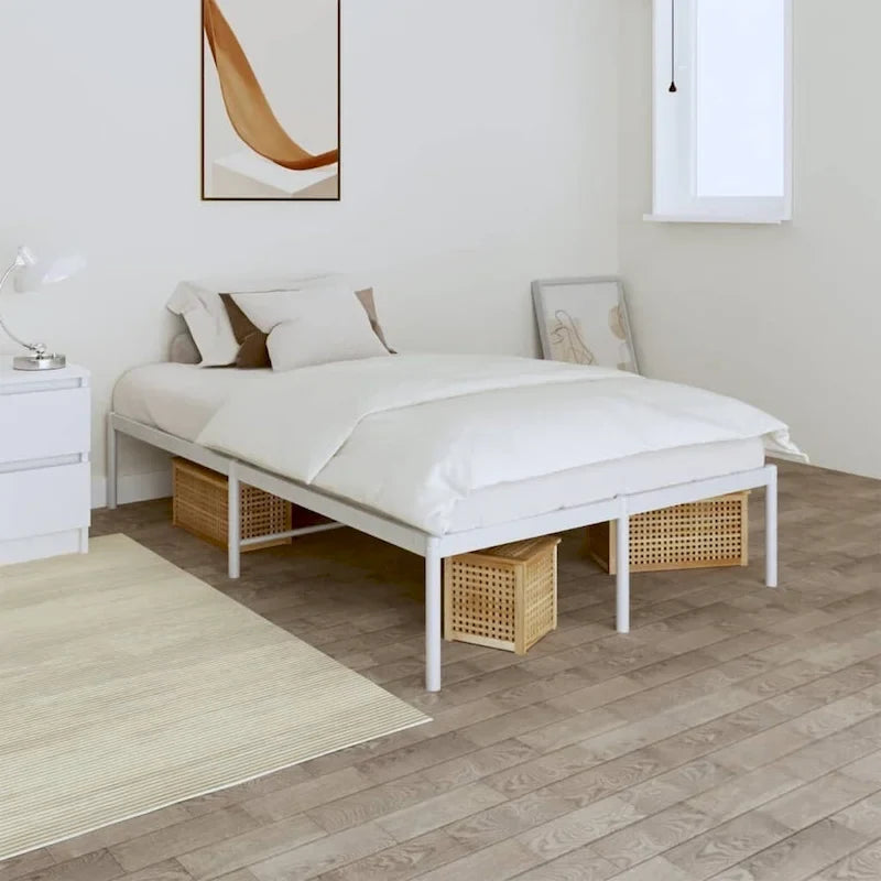 Cadre de lit double en métal, acier thermolaqué blanc avec tête de lit et rangement sous le lit, 1 place