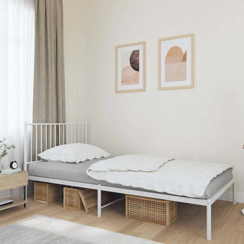 Cadre de lit double en métal, acier thermolaqué blanc avec tête de lit et rangement sous le lit, 1 place