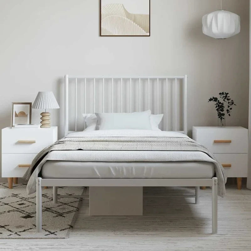 Cadre de lit double en métal, acier thermolaqué blanc avec tête de lit et rangement sous le lit, 1 place
