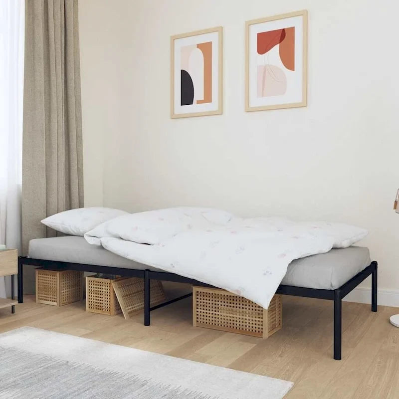 Cadre de lit double en métal, acier thermolaqué blanc avec tête de lit et rangement sous le lit, 1 place