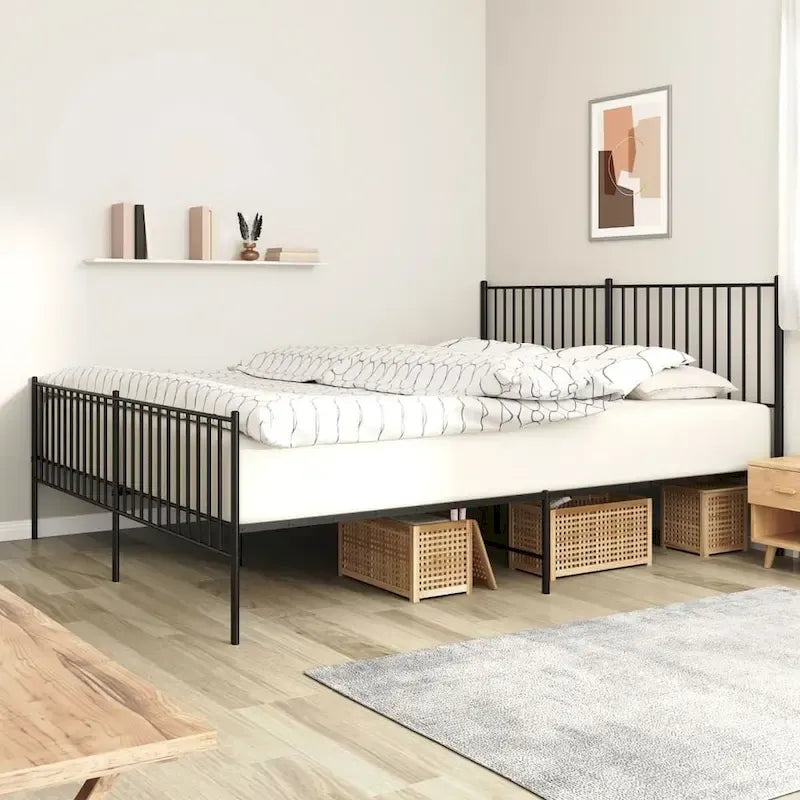 Cadre de lit double en métal, acier thermolaqué blanc avec tête de lit et rangement sous le lit, 1 place