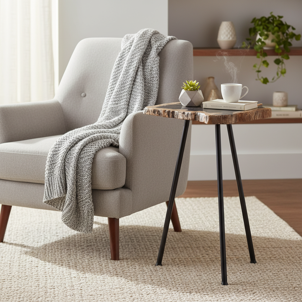 Table d'appoint avec plateau en bois pétrifié marron et noir et pieds en fer vieilli