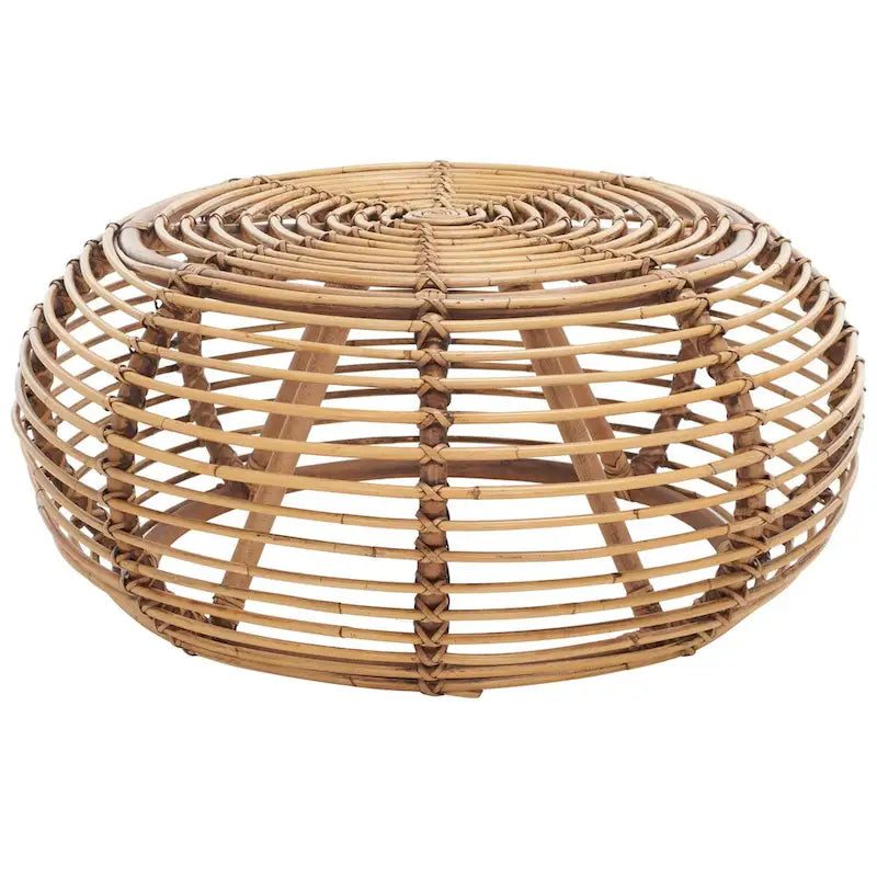 Table basse ronde en rotin, 76 cm l. x 76 cm P. x 41 cm H., fini brun miel