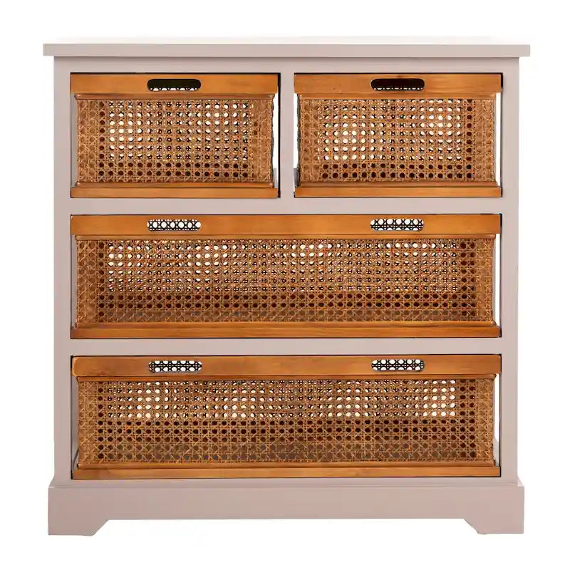 Commode de rangement à 4 tiroirs en gris quartz / orge / noir antique avec paniers en rotin et cadre en pin