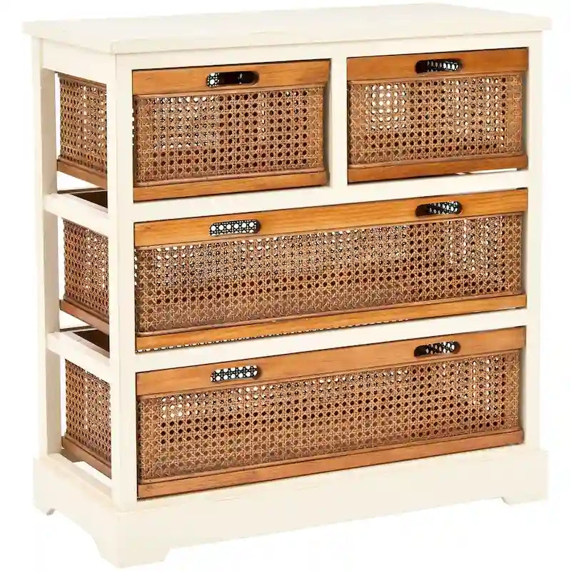 Commode de rangement à 4 tiroirs en gris quartz / orge / noir antique avec paniers en rotin et cadre en pin
