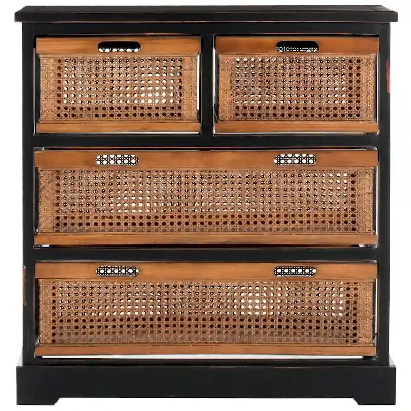 Commode de rangement à 4 tiroirs en gris quartz / orge / noir antique avec paniers en rotin et cadre en pin