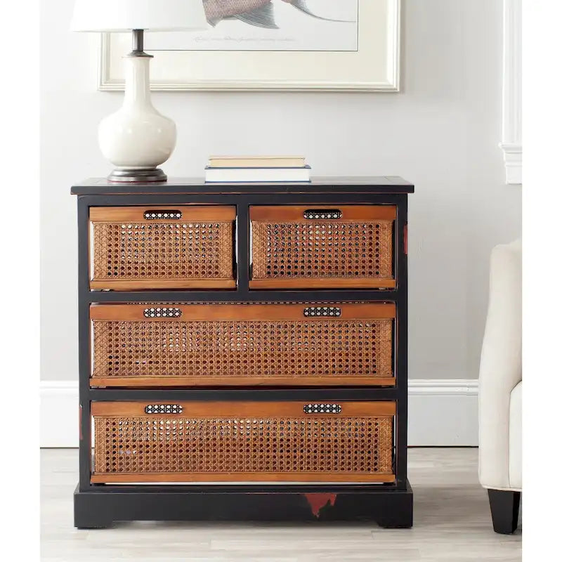 Commode de rangement à 4 tiroirs en gris quartz / orge / noir antique avec paniers en rotin et cadre en pin