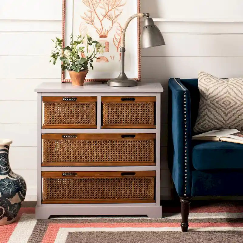 Commode de rangement à 4 tiroirs en gris quartz / orge / noir antique avec paniers en rotin et cadre en pin
