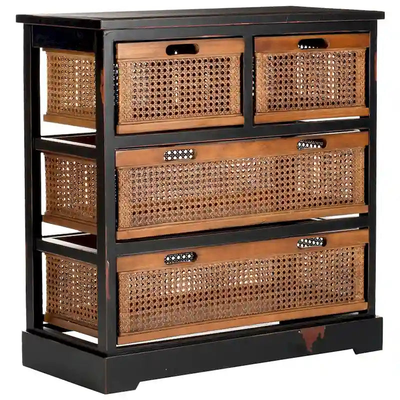 Commode de rangement à 4 tiroirs en gris quartz / orge / noir antique avec paniers en rotin et cadre en pin