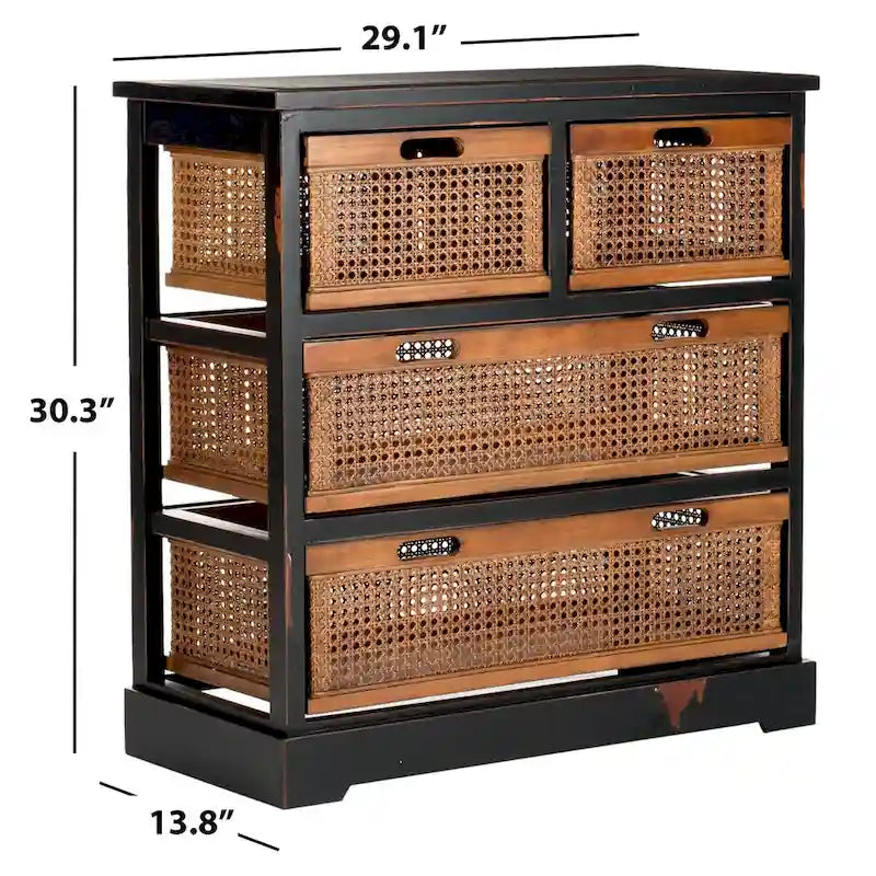 Commode de rangement à 4 tiroirs en gris quartz / orge / noir antique avec paniers en rotin et cadre en pin
