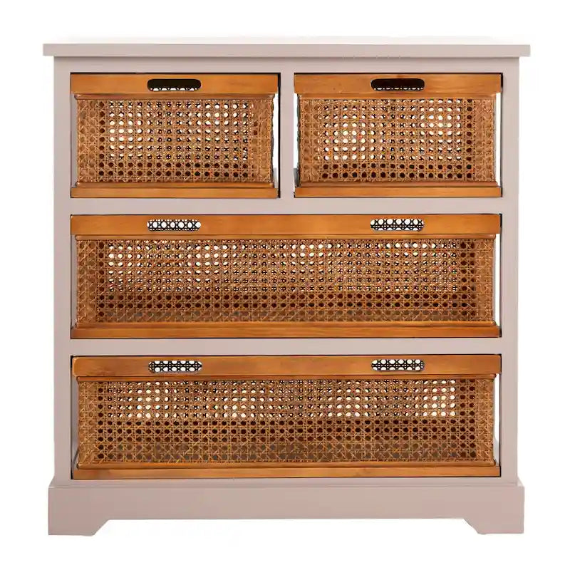 Commode de rangement à 4 tiroirs en gris quartz / orge / noir antique avec paniers en rotin et cadre en pin