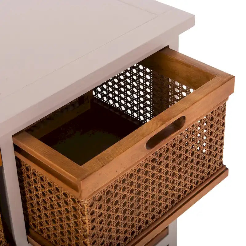 Commode de rangement à 4 tiroirs en gris quartz / orge / noir antique avec paniers en rotin et cadre en pin