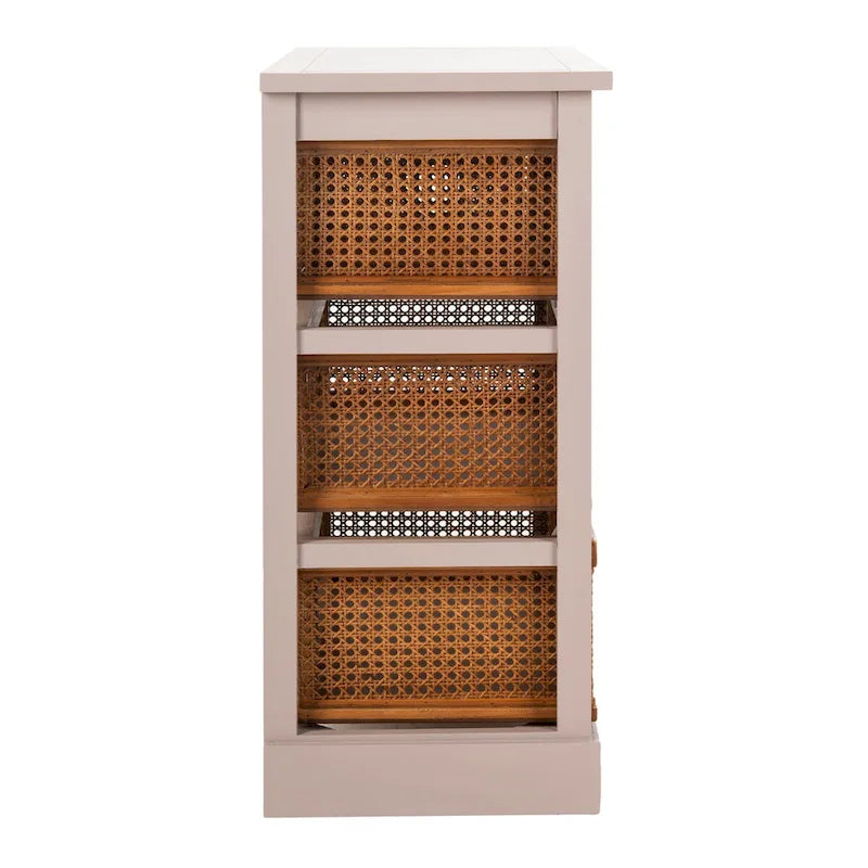 Commode de rangement à 4 tiroirs en gris quartz / orge / noir antique avec paniers en rotin et cadre en pin