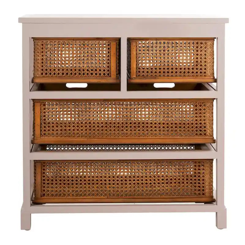 Commode de rangement à 4 tiroirs en gris quartz / orge / noir antique avec paniers en rotin et cadre en pin