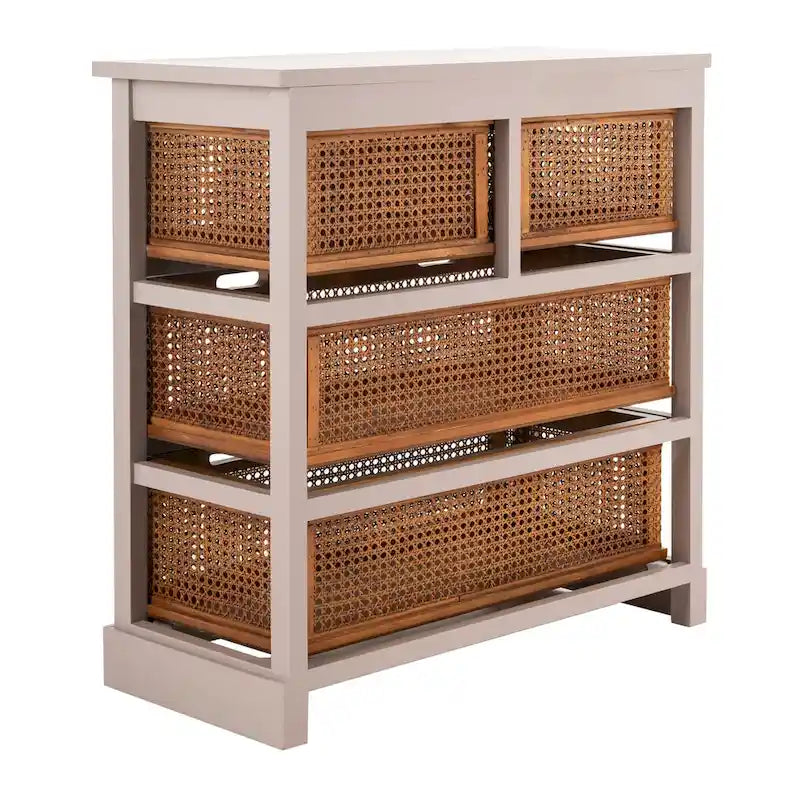 Commode de rangement à 4 tiroirs en gris quartz / orge / noir antique avec paniers en rotin et cadre en pin