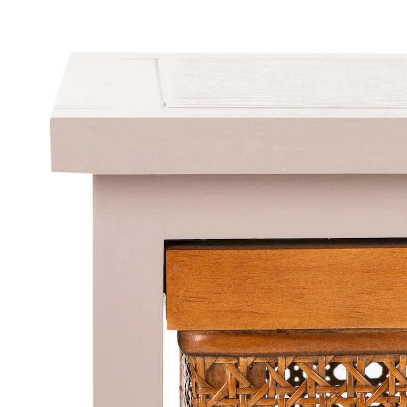 Commode de rangement à 4 tiroirs en gris quartz / orge / noir antique avec paniers en rotin et cadre en pin