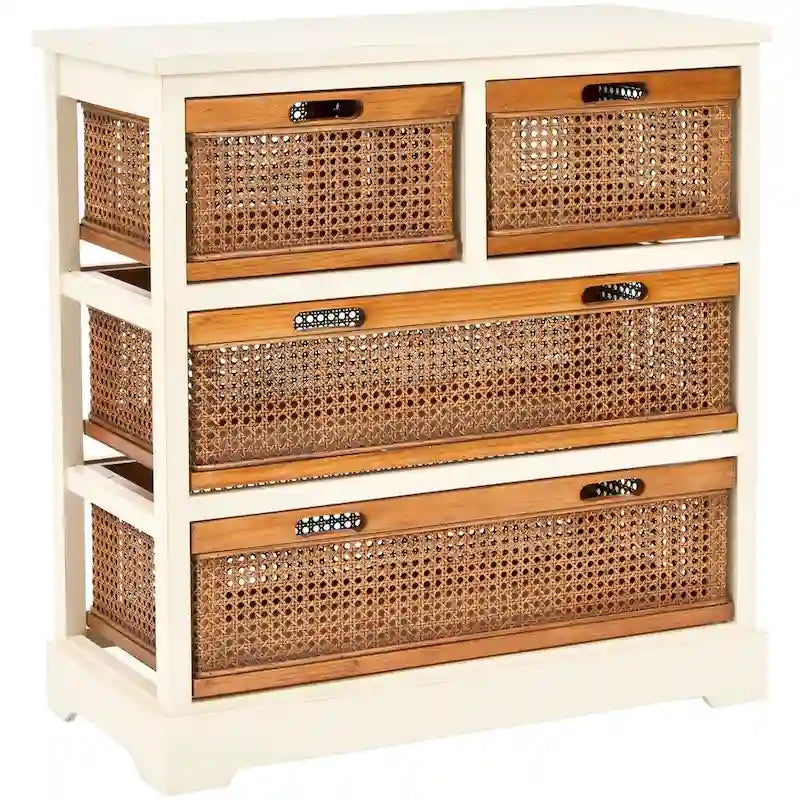 Commode de rangement à 4 tiroirs en gris quartz / orge / noir antique avec paniers en rotin et cadre en pin