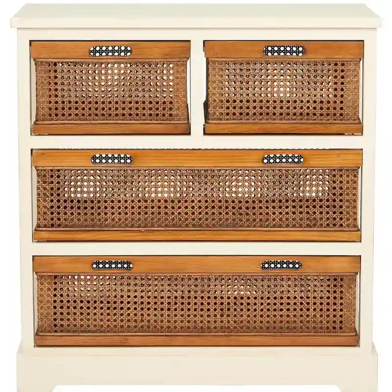 Commode de rangement à 4 tiroirs en gris quartz / orge / noir antique avec paniers en rotin et cadre en pin
